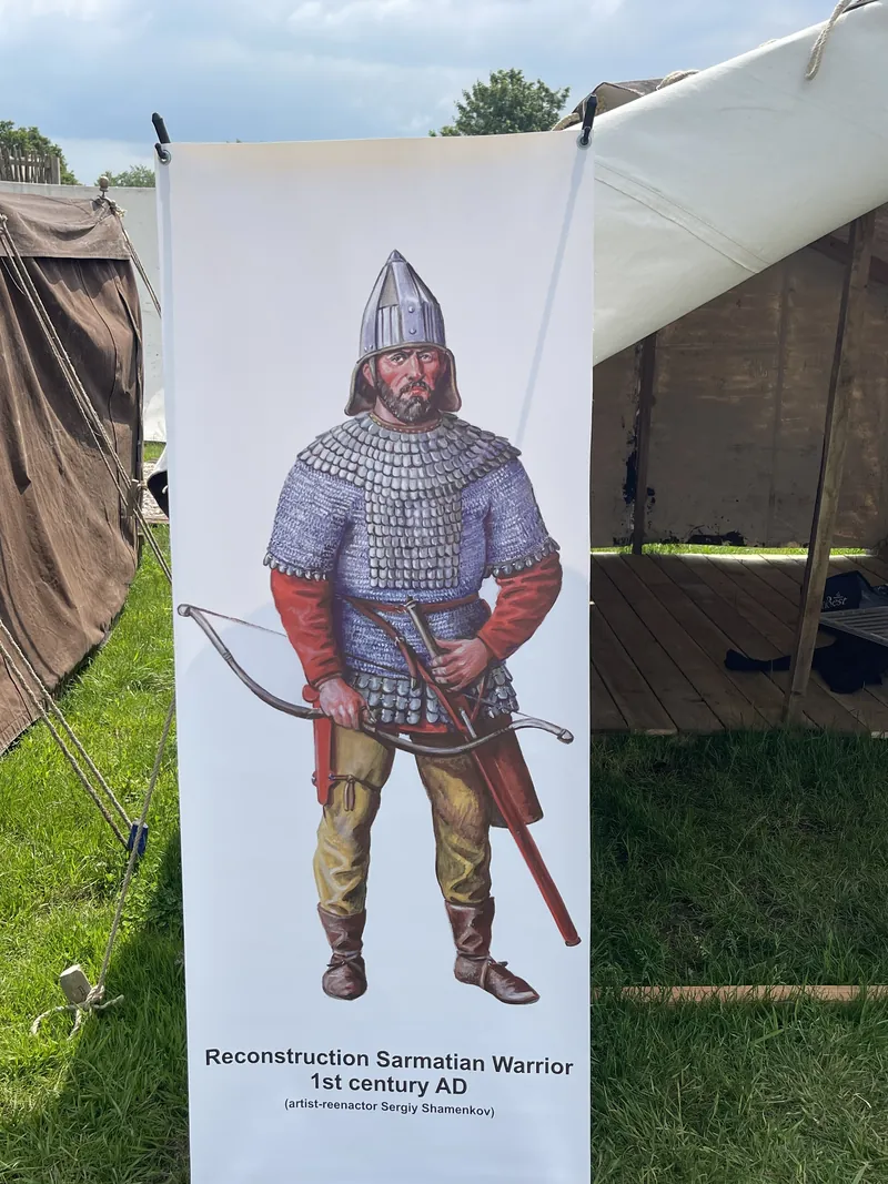 Banner reconstructing a Sarmatian warrior of the first century AD, in mail with bow and quiver
