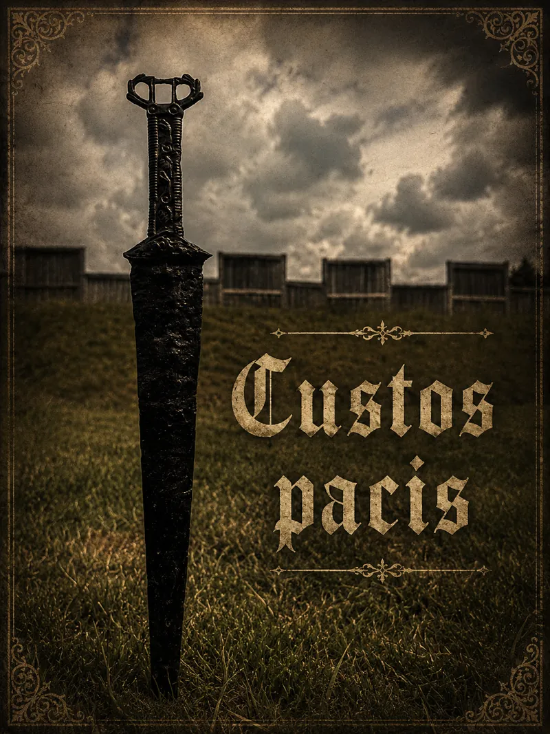 The sword photographed against a stormy sky, captioned Custos pacis
